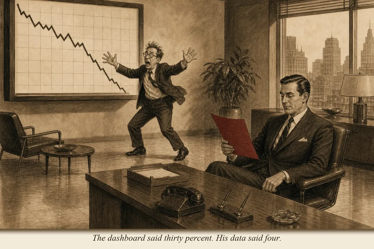 An operator calmly reading his own traffic report while a panicked creator gestures at a plummeting dashboard on a wall-mounted screen