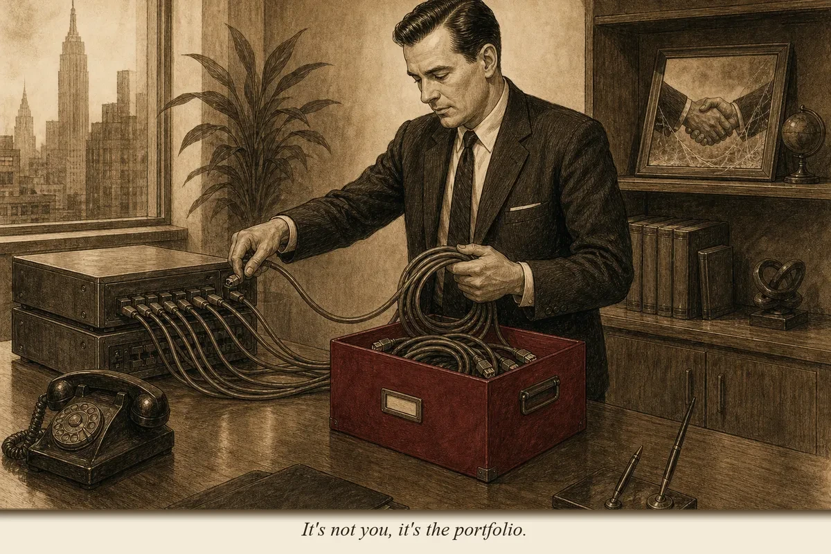 An operator carefully disconnecting cables from a piece of equipment and placing them neatly in a labeled archive box, while a framed photo of the partnership sits on the shelf