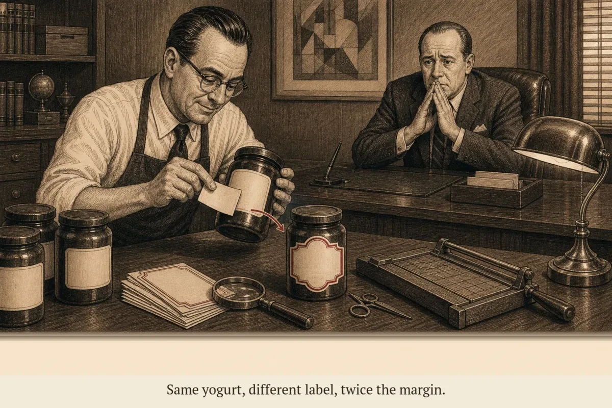 A composed operator carefully peeling a label off a plain jar and replacing it with an elegant custom label, while a nervous creator watches from behind a desk