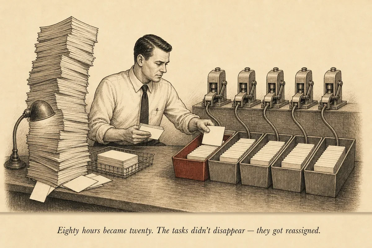 An operator at a desk with an enormous task list that transforms into a neat organizational chart with automated stations as it flows from left to right