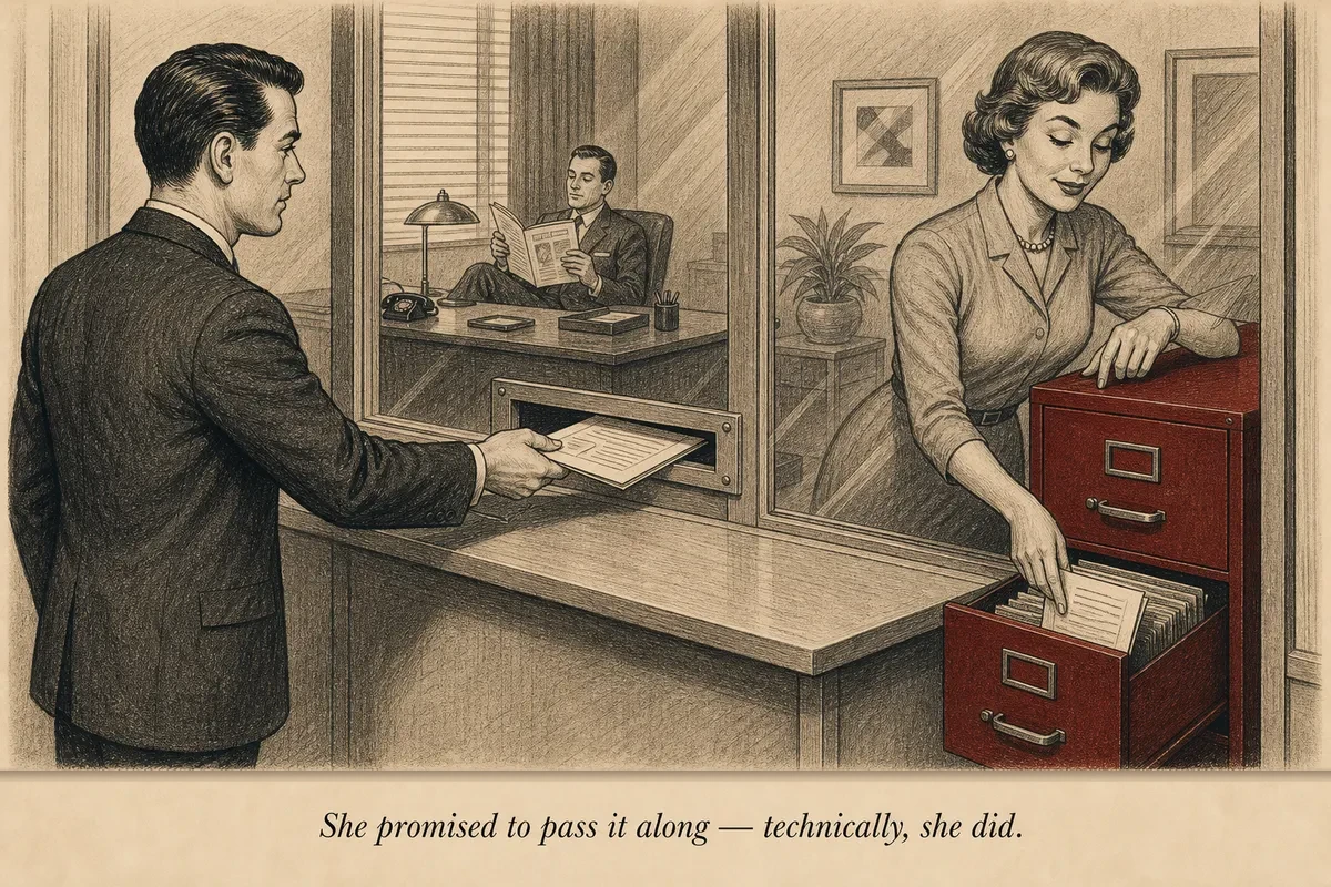 A suited operator tries to pass a document through a glass partition to a creator on the other side, while a receptionist files the document into a trash can