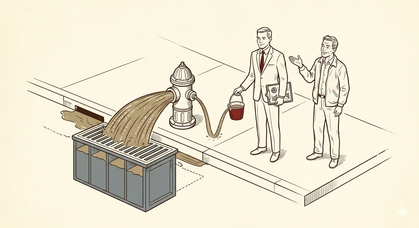 An operator in a well-fitted suit watches a fire hydrant spray into a storm drain while holding a small bucket that catches a trickle