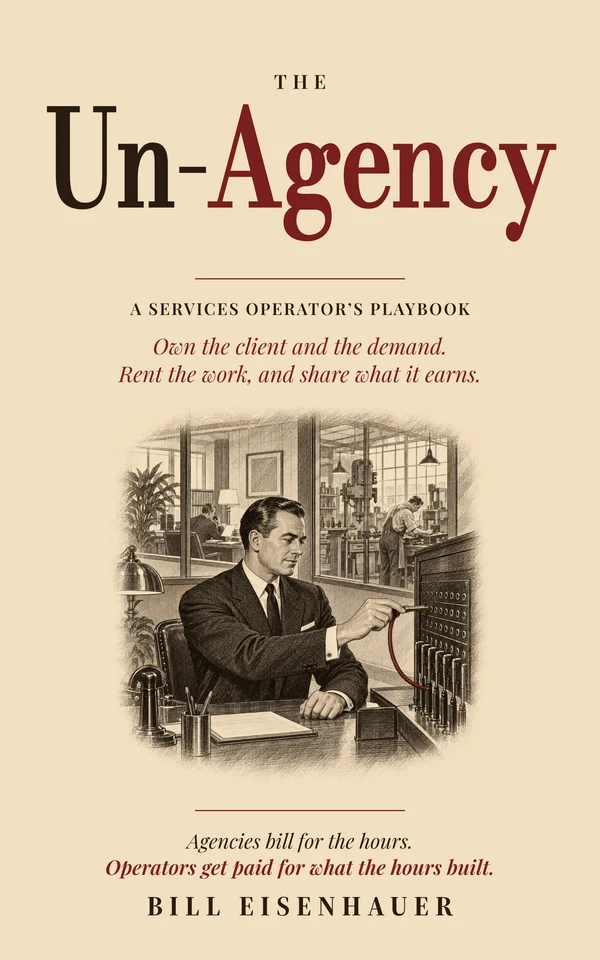 The Un-Agency cover: an operator plugs a single patch cord into a switchboard