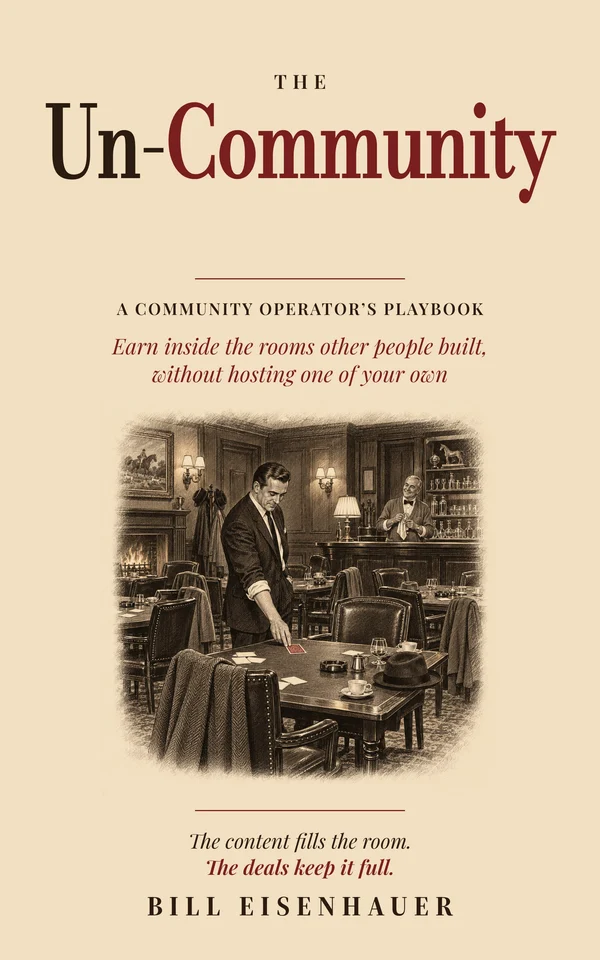 The Un-Community cover: an operator saves a seat at a club's card table with a face-down card while the owner tends the bar