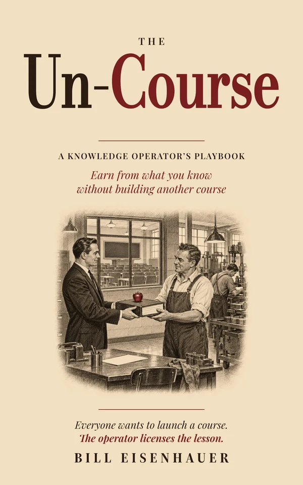 The Un-Course cover: an operator hands a binder of lessons, an apple on top, to a foreman on a working floor