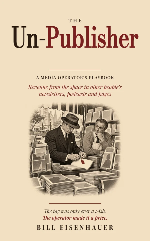 The Un-Publisher cover: an operator ties a blank price tag to empty space at a newsstand