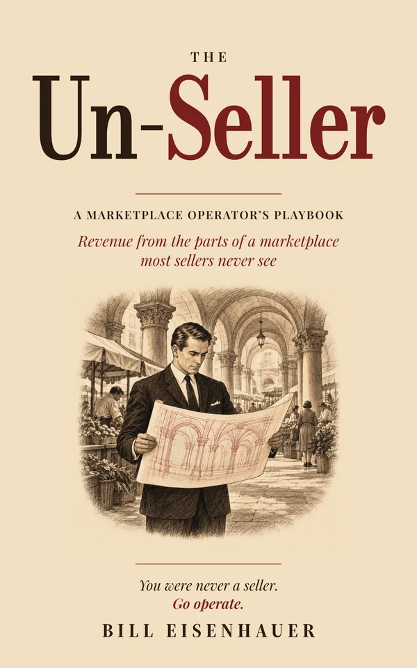 The Un-Seller cover: an operator studies the blueprint of a market arcade while the market goes on around him